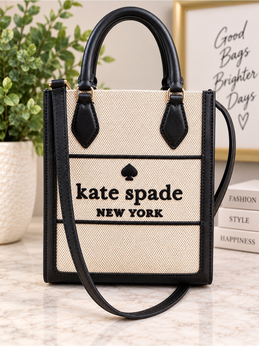 kate spade NY Ellie Canvas Mini Tote Crossbody: Black & Cream NWT